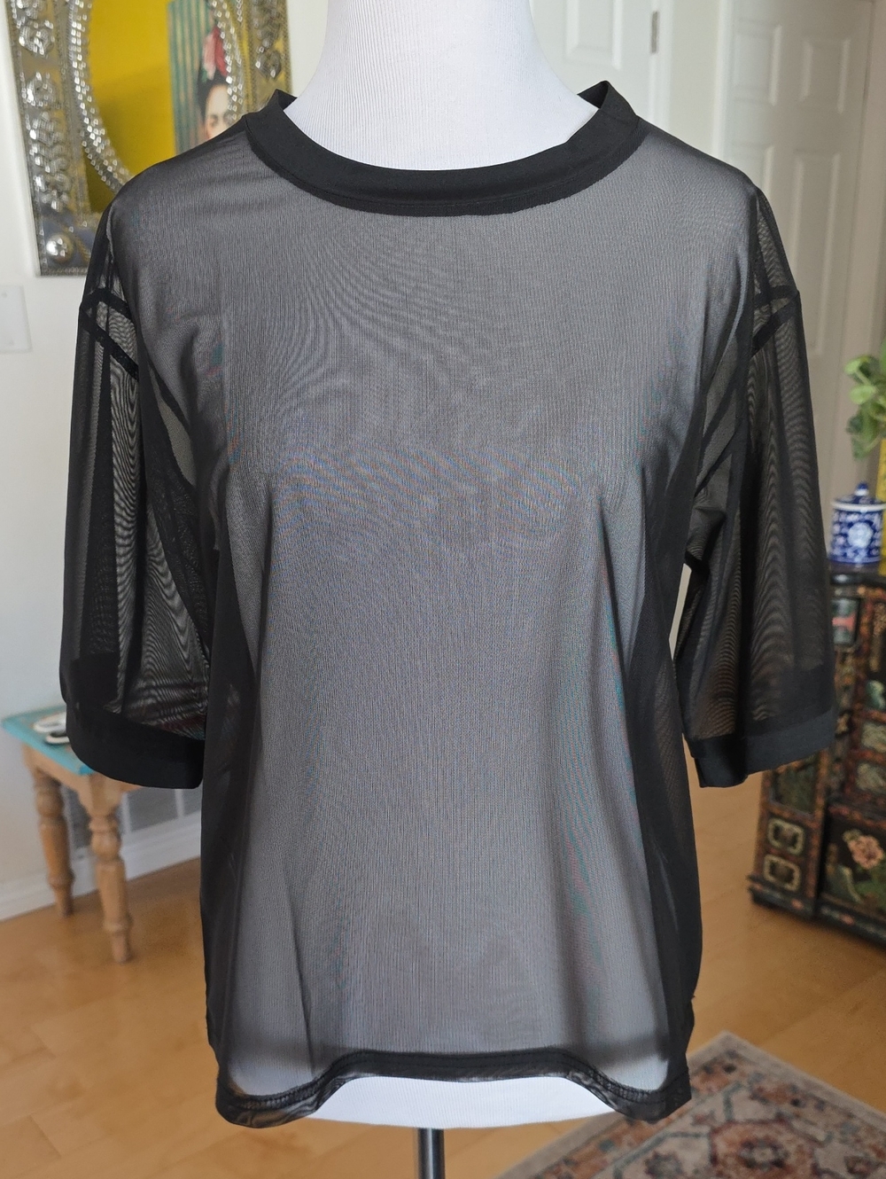Sheer Black Mesh Short-Sleeve Top